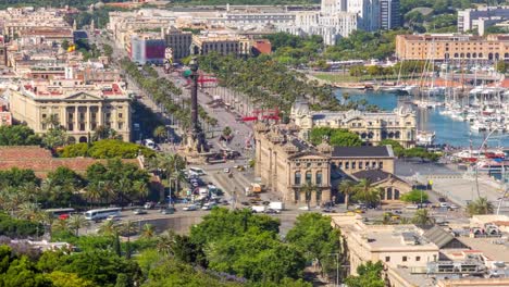 Barcelona-skyline-aerial-view,-port,-Columbus-monument,-time-lapse