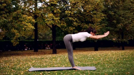 Vista-lateral-de-la-chica-delgada-es-deportes-ropa-ejercicio-al-aire-libre-haciendo-yoga-en-el-Parque-solamente-en-un-cálido-día-de-otoño.-Concepto-naturaleza,-recreación-y-juventud.