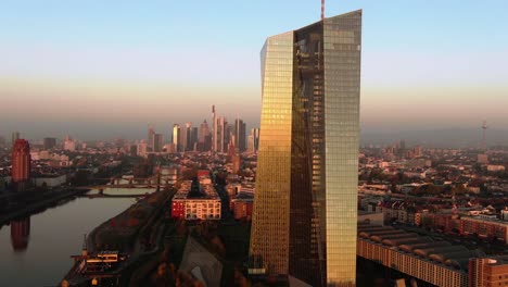 Frankfurt-ECB-Skyline-Aerial-Shot-at-early-sunrise-reflecting-sun