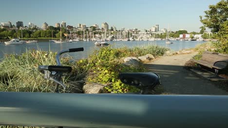 Gravel-Path-False-Creek,-Morning-dolly-shot