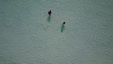 v03808-fliegenden-Drohne-Luftaufnahme-der-Malediven-weißen-Sandstrand-am-sonnigen-tropischen-Inselparadies-mit-Aqua-blau-Himmel-Meer-Wasser-Ozean-4k-2-Personen-junges-Paar-Mann-Frau-Ball-Spaß-zusammen-zu-spielen