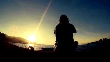 Summer-meditation-near-the-sea-&-doing-yoga-on-a-beach-at-sunrise,-VINTAGE