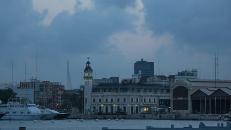 Port-Authority-buildings-with-clock-tower-in-the-harbor-of-Valencia,-Spain