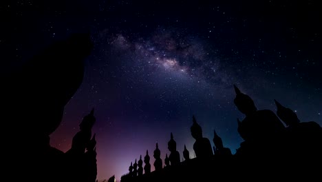 Time-lapse-of-big-Buddha-statue-with-milky-way-galaxy-in-Nakhon-si-thammarat-Province,-Thailand