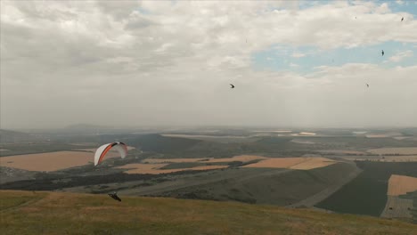 Atleta-paraglider-vuela-en-su-parapente-junto-a-las-golondrinas.-Seguimiento-desde-los-aviones-no-tripulados