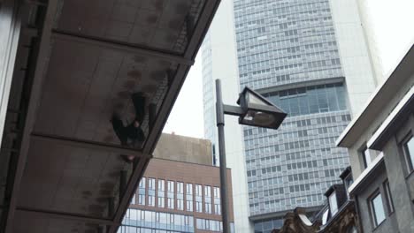 Upside-Down-Glass-Reflection-of-a-Young-Woman-Dancing-on-Sidewalk