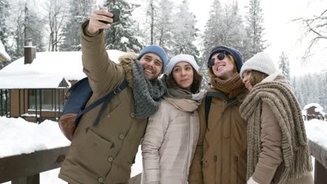 Fröhliche-Freunde-nehmen-Selfie-im-Park-am-Wintertag