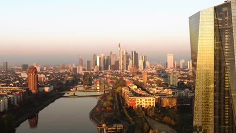 Frankfurt-ECB-Skyline-Aerial-Shot-at-early-sunrise-reflecting-sun