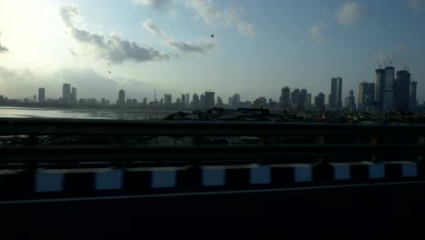 Moving-shot-inside-car-of-Mumbai-Worli-sea-link-sky-line.