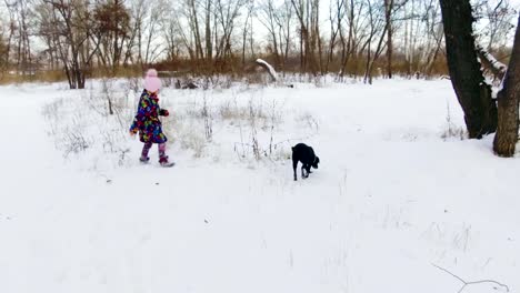 Little-girl-playing-with-her-black-labrador-on-snow