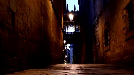 Calle-en-el-barrio-gótico-de-Barcelona-en-la-noche,-dolly