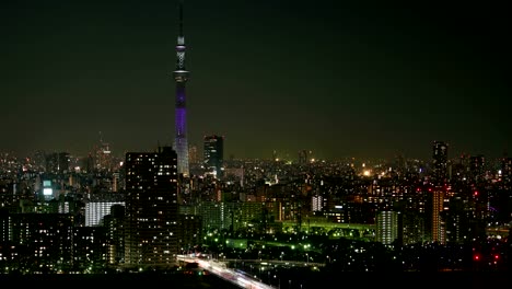 Lapso-de-tiempo-vista-aérea-de-Tokyo-cielo-árbol-en-la-noche