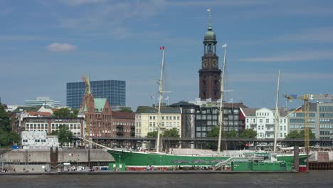 View-on-beautiful-green-ship-in-the-port-of-hamburg