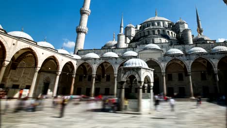 Pan-timelapse-of-The-Blue-Mosque-or-Sultanahmet-outdoors-in-Istanbul-in-Turkey