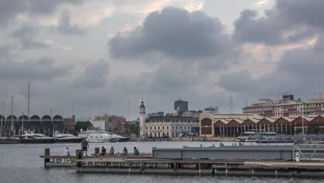 Port-Authority-buildings-with-clock-tower-in-the-harbor-of-Valencia,-Spain