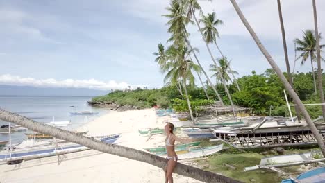 Drone-point-of-view-of-young-woman-on-palm-tree-contemplating-paradise