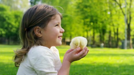 Kleine-Mädchen-spielen-mit-Küken