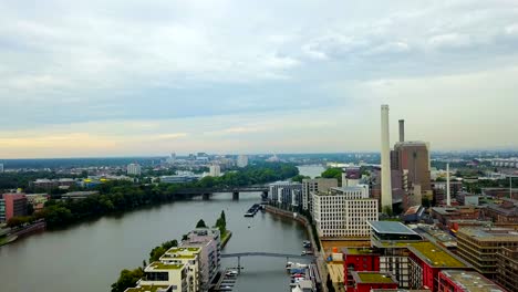 aerial-view-of--Frankfurt-city-with-river-and-skyscrapers-during-sunrise