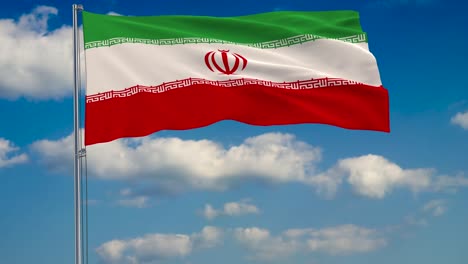 Flag-of-Iran-against-background-of-clouds-floating-on-the-blue-sky