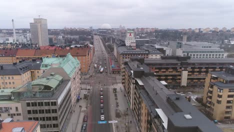 Stockholm-Södermalm-aerial-view.-Drone-shot-over-city-street-and-bridge-in-Stockholm,-Sweden