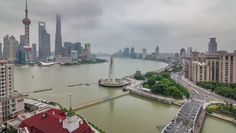 China-shanghai-Dach-Top-Antenne-Fluss-Bucht-Verkehr-Fluss-Brücke-Panorama-4k-Zeitraffer