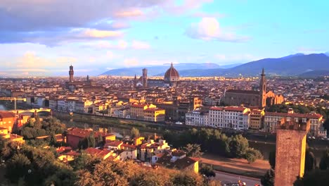 Aerial-view-of-Romantic-Florence,-floating-in-the-air-colour-bubbles,-Italy