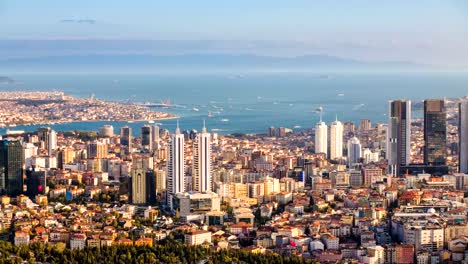 Aerial-timelapse-of-Bosphorus-and-Istanbul-cityscape-with-tourist-floating-boats-and-Golden-horn