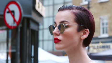 Mujer-elegante-que-llevaba-gafas-de-sol-de-pie-en-la-calle-de-la-ciudad