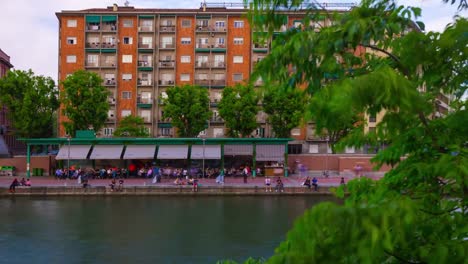 Italy-day-light-milan-city-famous-canal-bay-panorama-4k-timelapse