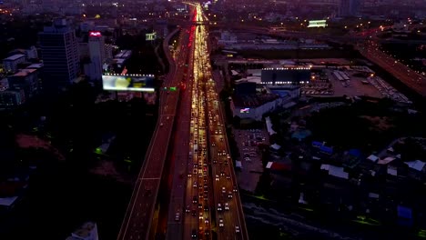 Aeiral-scene-of-Multiple-lane-highway-traffic-in-rush-hour,-4k-video