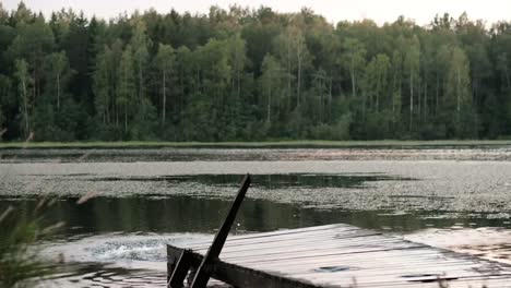 Caucasian-mature-man-jumping-from-wooden-pier-in-lake.