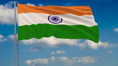 Flag-of-India-against-background-of-clouds-floating-on-the-blue-sky