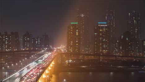 Seoul,-Korea,-Timelapse----The-traffic-over-the-Cheongdam-Bridge-in-Seoul-at-Night