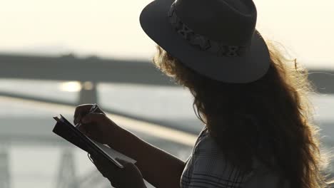 Frau-im-Notizbuch-zu-schreiben-und-auf-der-Suche-bei-Sonnenaufgang-auf-Brücke