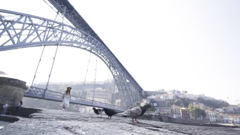 Lady-running-to-pigeons-on-embankment-near-bridge