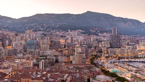 Monaco-Ville-city-skyline-day-to-night-timelapse,-Monte-Carlo,-Monaco-4K-Time-lapse