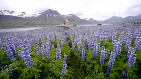 Young-woman-running-in-flower-lupine-field-in-Iceland-living-a-happy-life-and-enjoying-vacations-in-northern-country--Slow-motion-video-people-travel-fun-concept