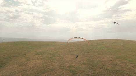 Atleta-paraglider-vuela-en-su-parapente-junto-a-las-golondrinas.-Seguimiento-desde-los-aviones-no-tripulados