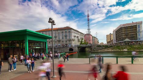 Italy-day-light-milan-city-famous-canal-crowded-bay-panorama-4k-timelapse