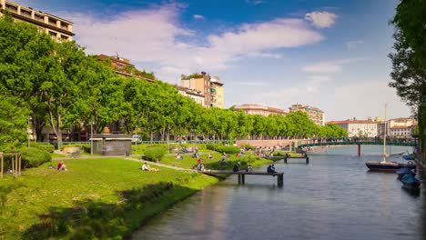 Italy-sunny-day-milan-city-famous-canal-bay-panorama-4k-timelapse