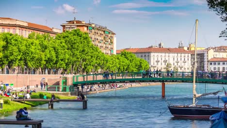 Italy-sunny-day-milan-city-famous-canal-bay-panorama-4k-timelapse