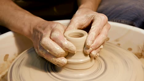 Man's-hands-making-clay-ware-on-the-potter's-wheel