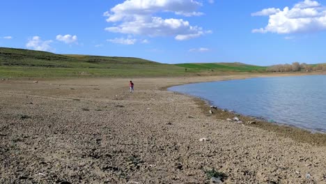 niño-tirando-piedra-en-el-lago,-niño-de-pie-en-el-borde-del-lago