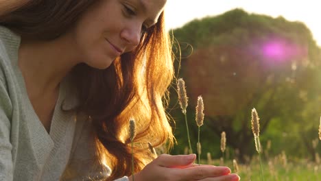 Mujer-sostenga-en-manos-hojas-de-hierba-en-el-campo-de-verano