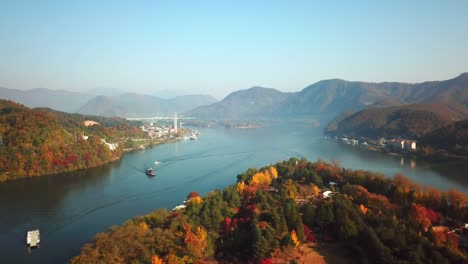 Aerial-view-autumn-of-Nami-island,-Seoul,-South-Korea