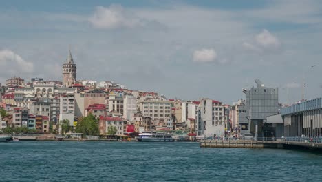 galata-tower-and-onunde-ferry-services,-timelapse
