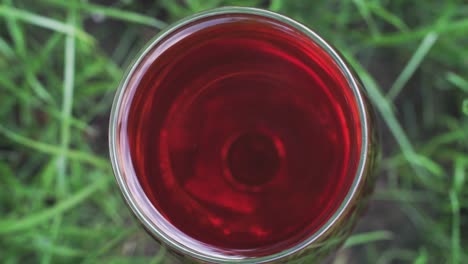 glass-of-wine-on-a-grass-background,-close-up-.