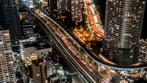 Aerial-View-of-Tokyo-Traffic-Timelapse-at-Night