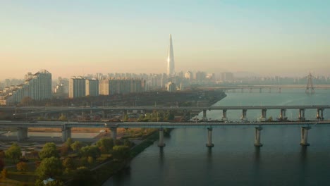 Sunrise-aerial,-Seoul