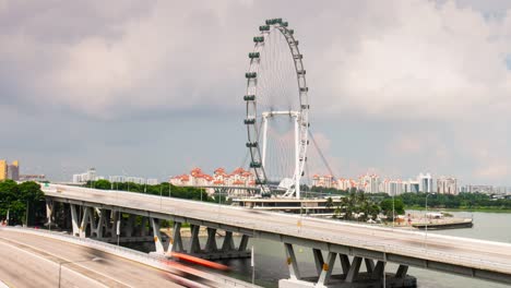 Singapur-Sonnentag-Hafen-Verkehr-Brücke-berühmten-Flyer-Fluss-bay-4-k-Zeitraffer